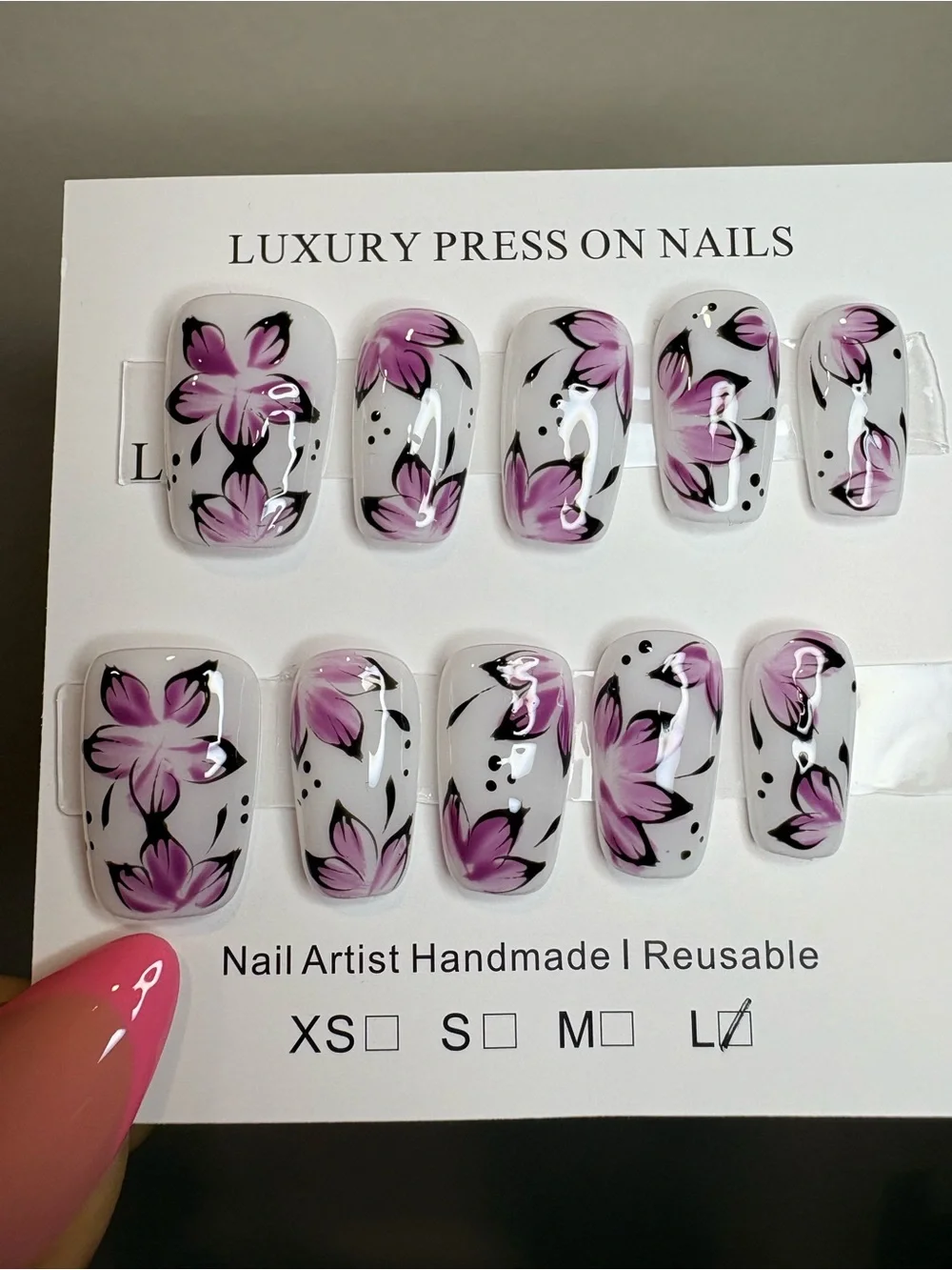 Handmade Press-On Nails with Pink Floral Design